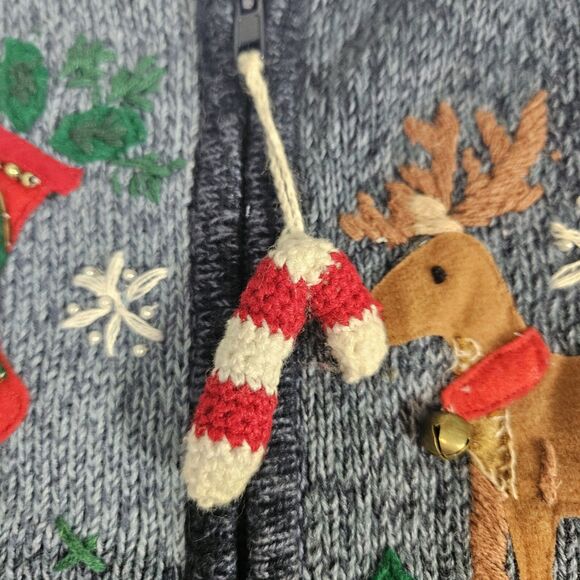 Vtg Christmas Cardigan Festive Knit Sweater Sz L Embroider Patchwork Cottagecore - Picture 7 of 16